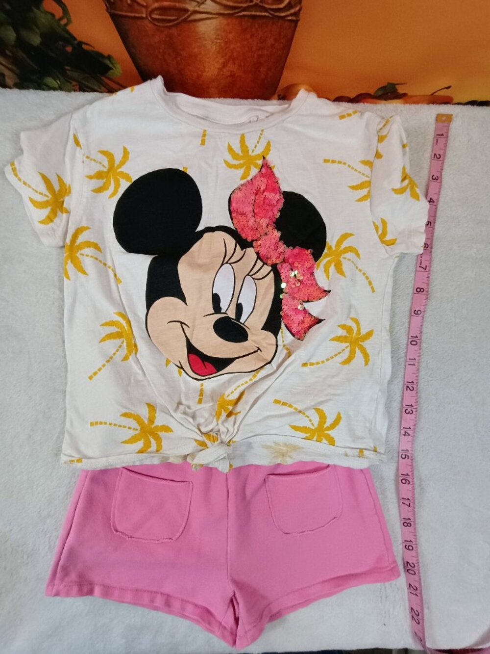 EUC Bundle-2pc Girls Zara Sz 7 Pink & White Minnie Mouse Sequin Tee Shorts Set